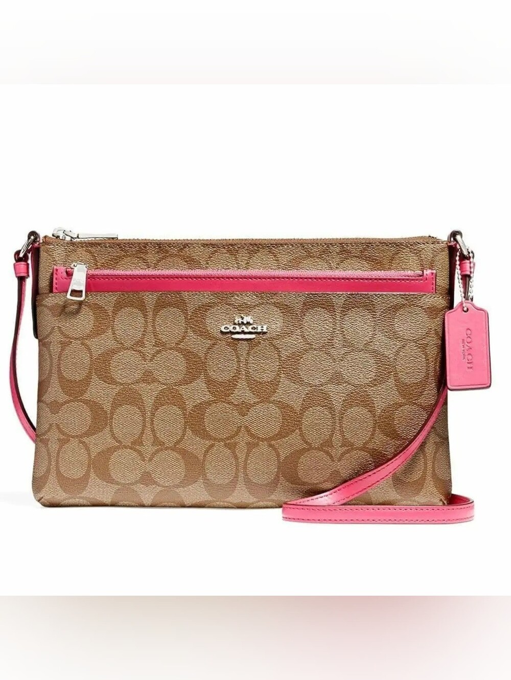 Coach Khaki Brown Signature Canvas Crossbody w/ Pink Trim NWOT